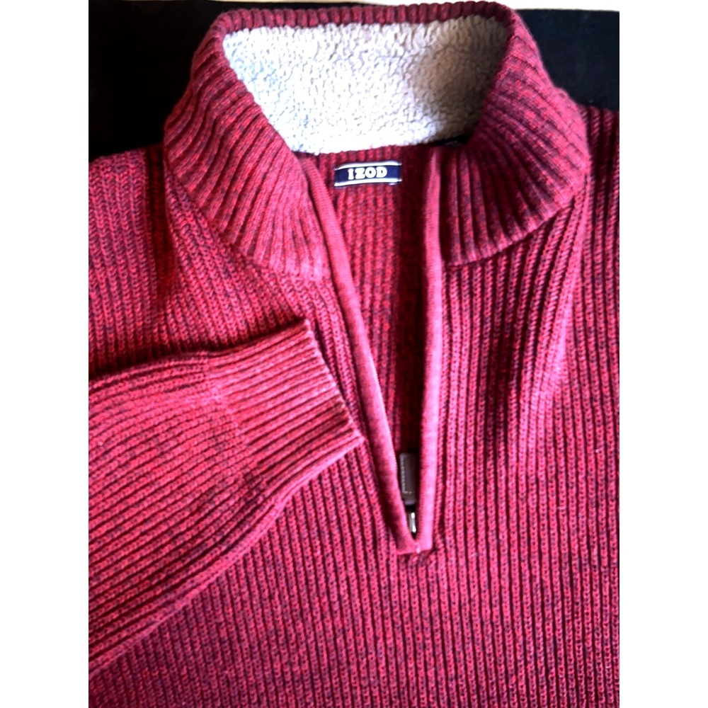 IZOD  XL Quarter Zip Sweater Burgundy Marl Sherpa Lined Mock Neck Ribbed Knit
